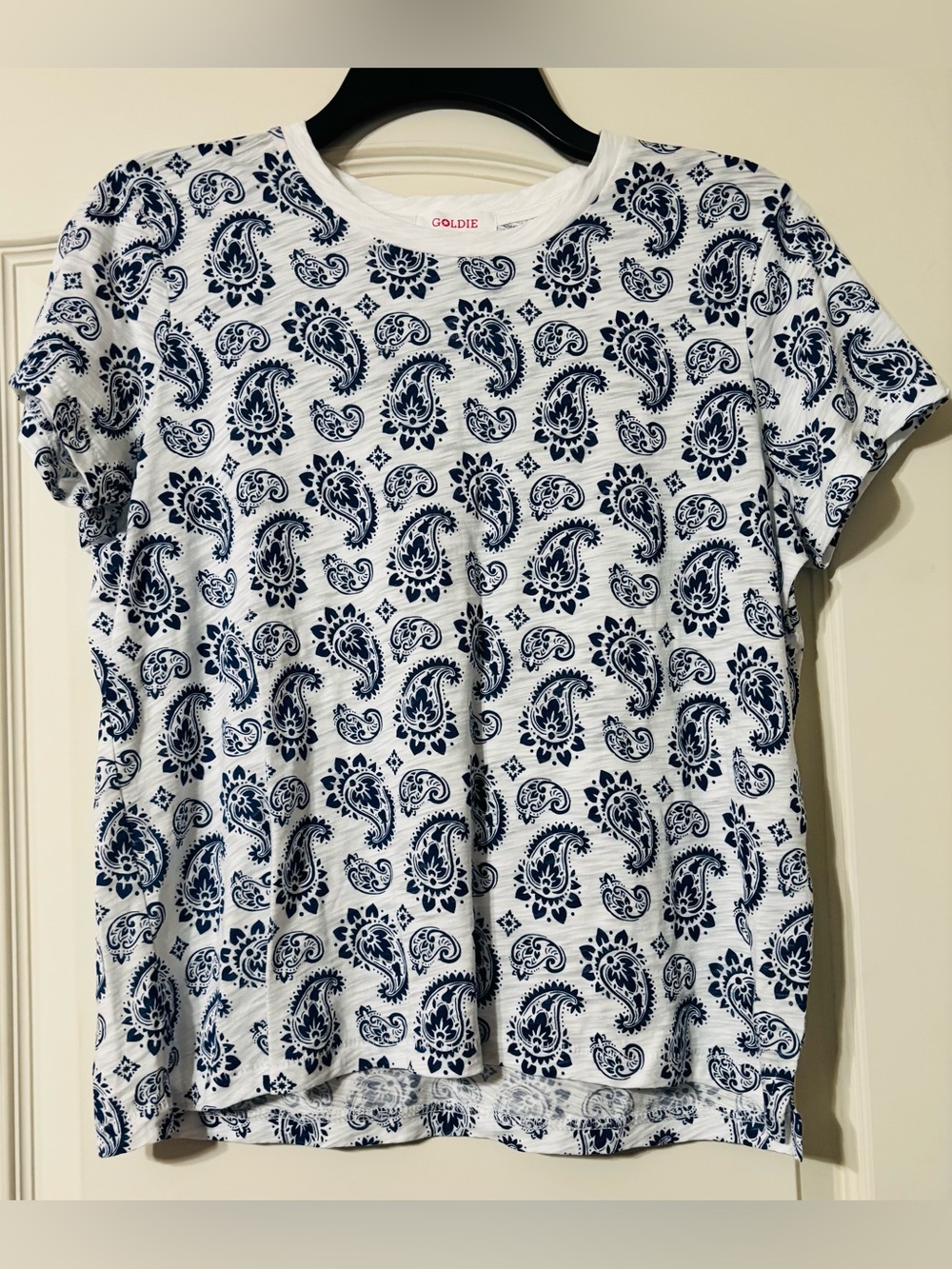 Goldie White Tee with Navy Paisley Print